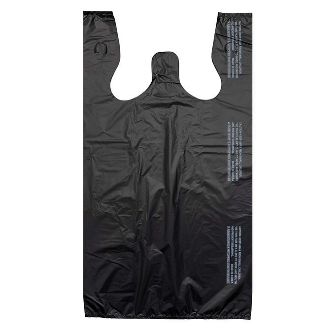 LARGE PLAIN BLACK 400 COUNT EMBOSSED TSHIRT BAG 12 INCH X 7 INCH X 22 INCH 17 MIC BLACK BAGS WITH HANDLED BULK GROCERY RETAIL HEAVY DUTY