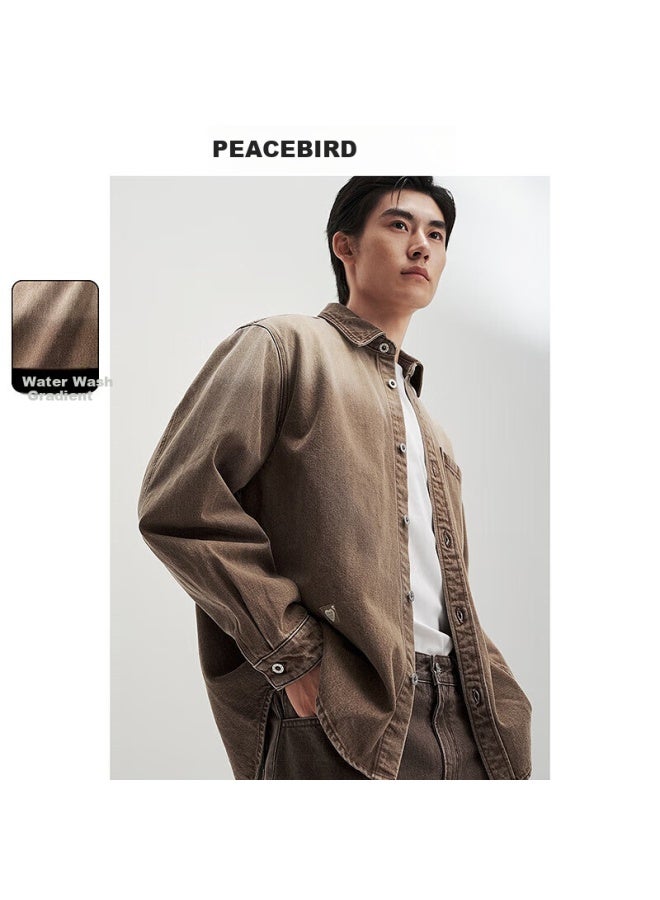 Taipingniao Men's Shirt, Casual Autumn Vintage Washed Gradient Color Denim Shirt Top For Men, Brown Yellow, XL
