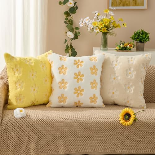 DFXSZ Spring Summer Pillow Covers 18x18 inch Set of 2 Farmhouse Decor White Embroidery Daisy Beige Soft Plush Faux Fur Jacquard Throw Pillows for Sofa Holiday Spring Home Decor PTK081C18 - Image 3