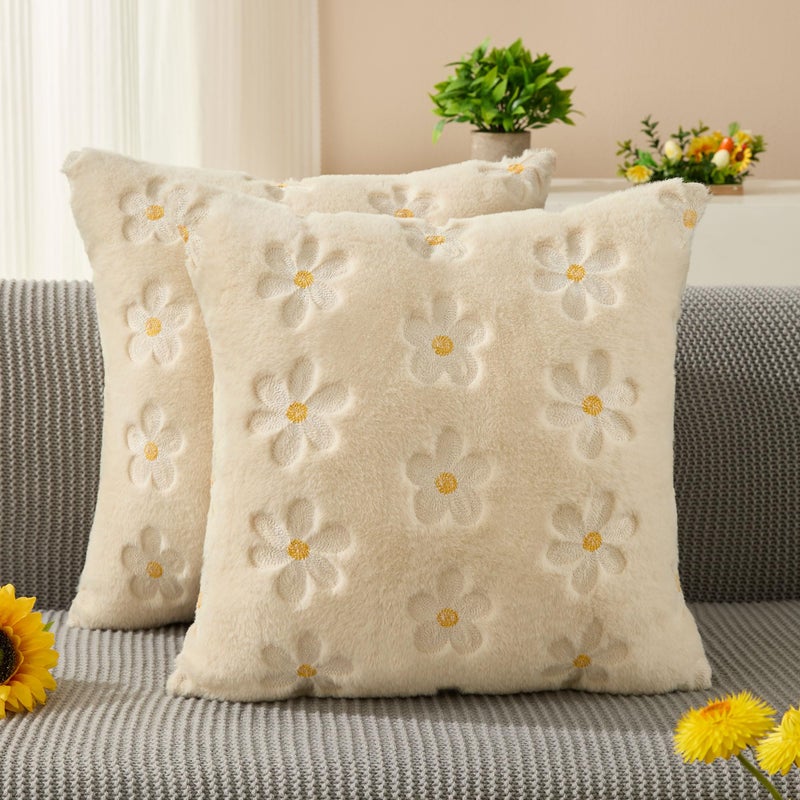DFXSZ Spring Summer Pillow Covers 18x18 inch Set of 2 Farmhouse Decor White Embroidery Daisy Beige Soft Plush Faux Fur Jacquard Throw Pillows for Sofa Holiday Spring Home Decor PTK081C18 - Image 2
