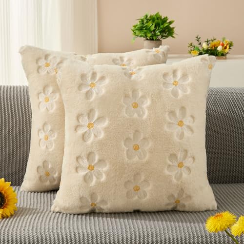 DFXSZ Spring Summer Pillow Covers 18x18 inch Set of 2 Farmhouse Decor White Embroidery Daisy Beige Soft Plush Faux Fur Jacquard Throw Pillows for Sofa Holiday Spring Home Decor PTK081C18 - Image 1