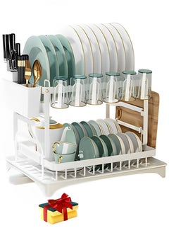 Serenova 2 Tier Dish Drying Rack for Kitchen Counter, Dish Drainers for Kitchen Counter with Drainboard, Metal Kitchen Dish Rack with Drain, Kitchen Drying Rack Two Tier, Black Dish Racks (White)  - Image 1