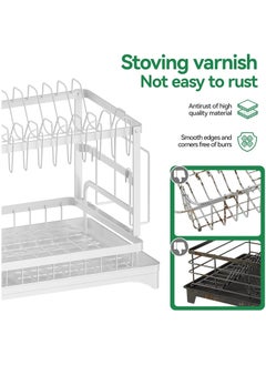 Serenova 2 Tier Dish Drying Rack for Kitchen Counter, Dish Drainers for Kitchen Counter with Drainboard, Metal Kitchen Dish Rack with Drain, Kitchen Drying Rack Two Tier, Black Dish Racks (White)  - Image 5