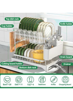 Serenova 2 Tier Dish Drying Rack for Kitchen Counter, Dish Drainers for Kitchen Counter with Drainboard, Metal Kitchen Dish Rack with Drain, Kitchen Drying Rack Two Tier, Black Dish Racks (White)  - Image 2