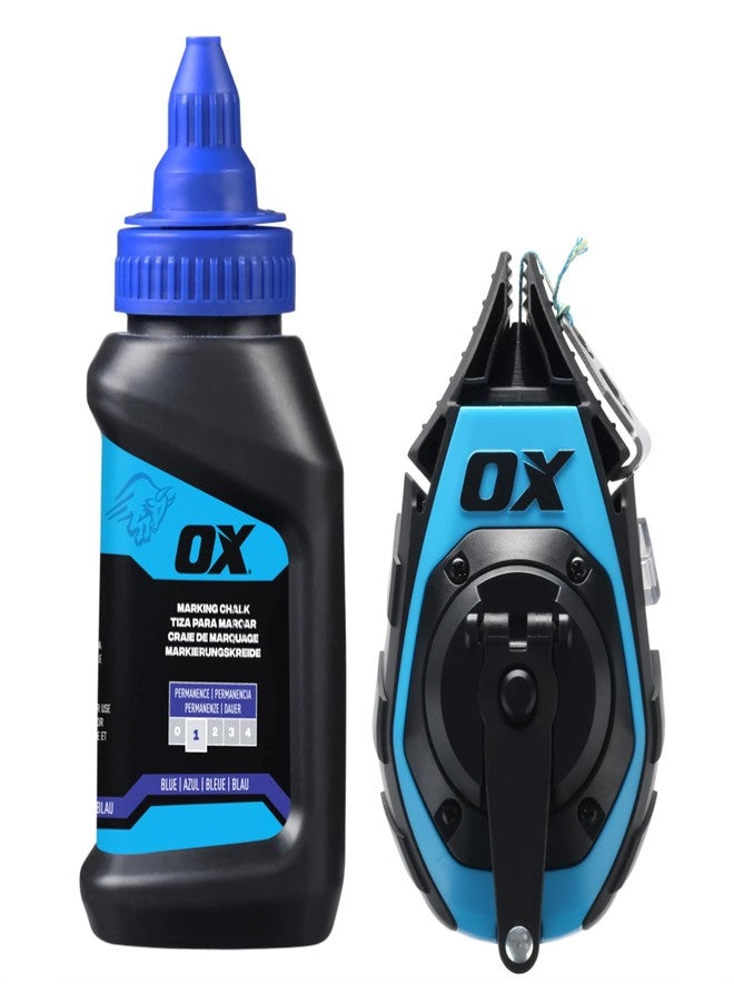 OX Pro 50ft Precision Chalk Line Tool Value Pack - Kevlar Ultra Fine Line Blue Chalk Reel with 1.5oz Blue Powder Refill - 3:1 Gear Ratio Choclain Tiralineas Choclay - Image 1
