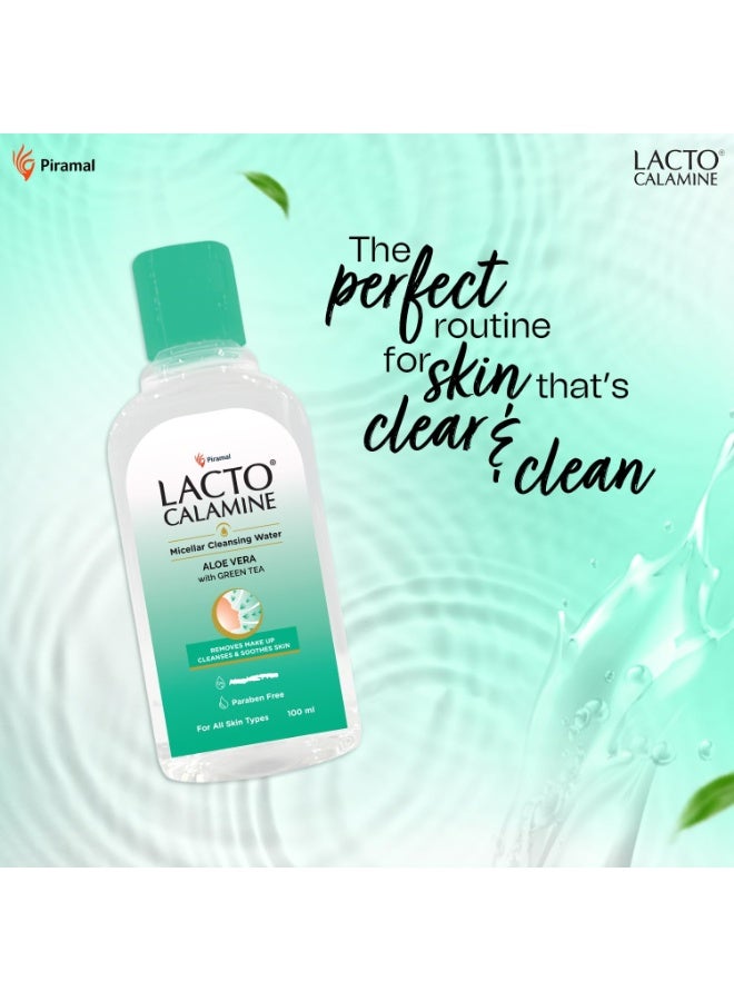 Lacto Calamine Micellar Water Make Up Remover Liquid | 100ml each - Pack of 2 | Aloe Vera, Green Tea & Niacinamide |Cleansing Water For Face That Removes Make-Up, Excess Oil & Impurities - Image 2