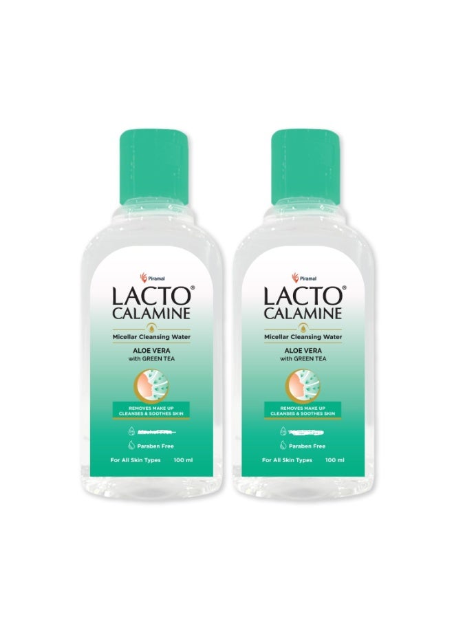 Lacto Calamine Micellar Water Make Up Remover Liquid | 100ml each - Pack of 2 | Aloe Vera, Green Tea & Niacinamide |Cleansing Water For Face That Removes Make-Up, Excess Oil & Impurities - Image 1