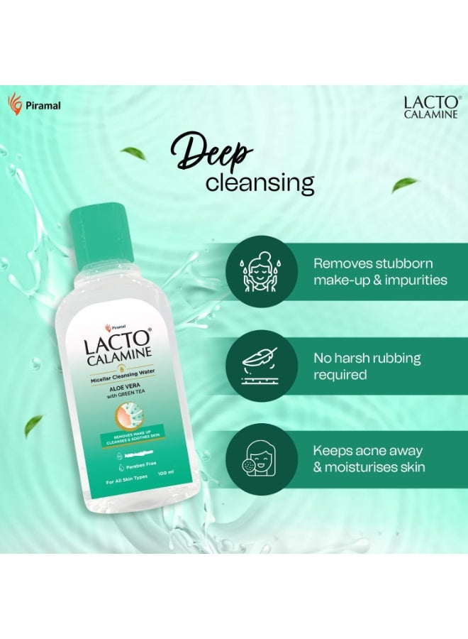 Lacto Calamine Micellar Water Make Up Remover Liquid | 100ml each - Pack of 2 | Aloe Vera, Green Tea & Niacinamide |Cleansing Water For Face That Removes Make-Up, Excess Oil & Impurities - Image 3