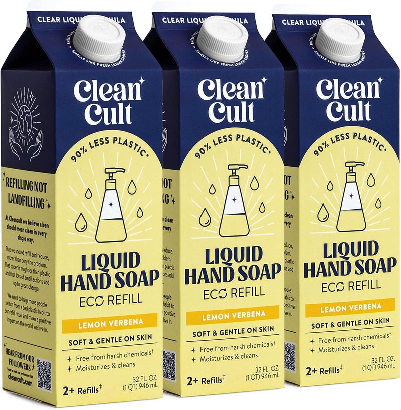 Cleancult Liquid Hand Soap Refills - Lemon Verbena - Moisturizes Dry & Sensitive Skin - Made with Aloe Vera & Essential Oils - Eco Friendly - Paper-Based Packaging - 32 oz/3 Pack