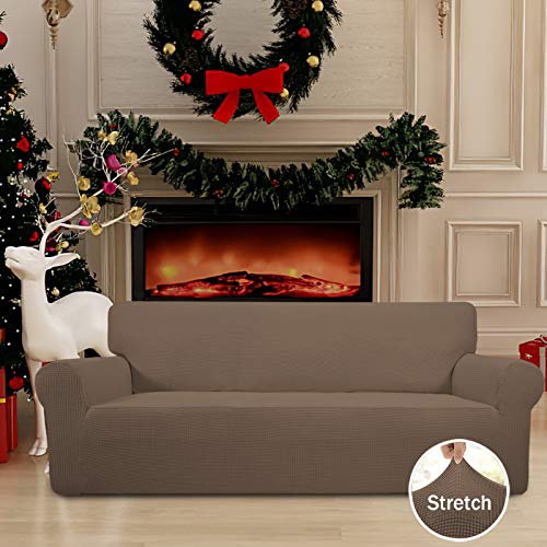 Easy-Going Stretch Sofa Slipcover 1-Piece Sofa Cover Furniture Protector Couch Soft with Elastic Bottom for Kids, Polyester Spandex Jacquard Fabric Small Checks (Sofa, Brown) - Image 2