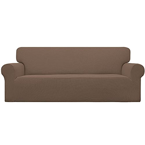 Easy-Going Stretch Sofa Slipcover 1-Piece Sofa Cover Furniture Protector Couch Soft with Elastic Bottom for Kids, Polyester Spandex Jacquard Fabric Small Checks (Sofa, Brown) - Image 1