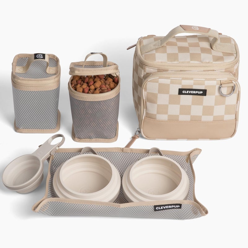 Cleverpup, Small 7-Piece Bistro Box Dog Food Travel Kit, 6-Cup Kibble Storage, 2 Silicone Bowls, Mat & Scoop - Premium Portable Pet Food Kit for Weekends, Overnights, Daycare & Camping, Checkerboard - Image 1