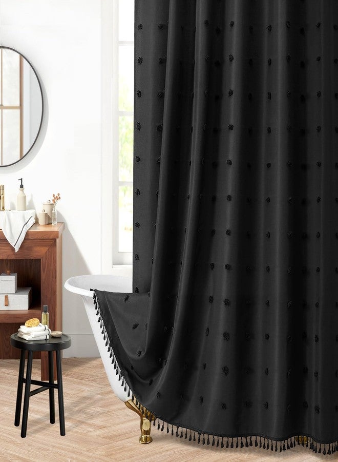 Craidlela Farmhouse Boho Shower Curtain, Tufted Pleat Floral Textured Tassel Vintage Farmhous Bathroom Curtain, Simple Classic Style Shower Curtains with Hooks,72 W x 72 H, Black - Image 1