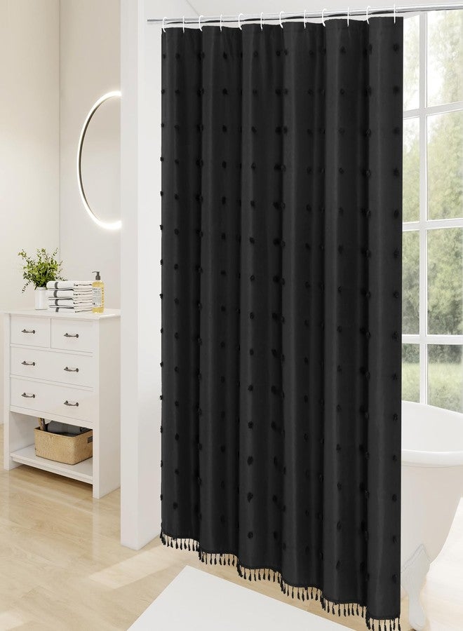 Craidlela Farmhouse Boho Shower Curtain, Tufted Pleat Floral Textured Tassel Vintage Farmhous Bathroom Curtain, Simple Classic Style Shower Curtains with Hooks,72 W x 72 H, Black - Image 2