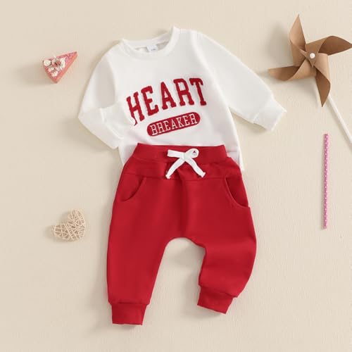 Frietlebird My First Valentines Day Baby Boy Outfit Long Sleeve Letter Print Crewneck Sweatshirt Pants Baby Boy Valentines Day Outfit (V-White Red Heart,12-18 Months) - Image 2