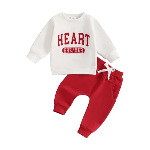 Frietlebird My First Valentines Day Baby Boy Outfit Long Sleeve Letter Print Crewneck Sweatshirt Pants Baby Boy Valentines Day Outfit (V-White Red Heart,12-18 Months) - Image 1