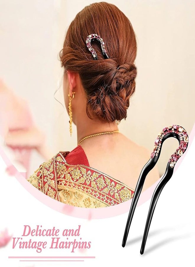 Melodio 3Pieces U-Shaped Hairpins French Style Wavy Hair Sticks Rhinestone Hair Forks Double Prong Hairstyle Chignon Non-slip Elegant Dovetail Hair Fork Clip Hair Accessories for Women Lady, 3 Styles - Image 2