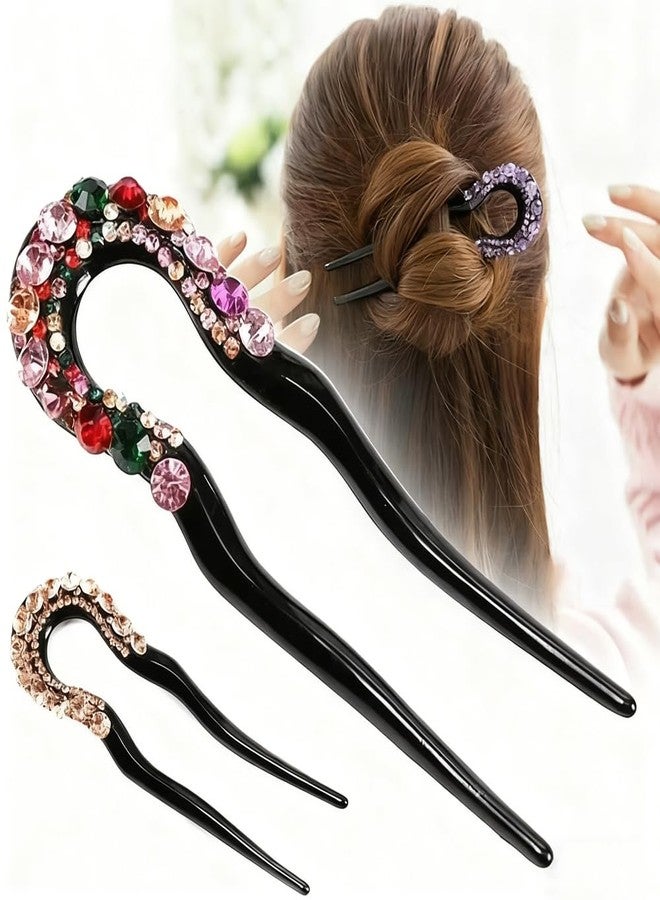 Melodio 3Pieces U-Shaped Hairpins French Style Wavy Hair Sticks Rhinestone Hair Forks Double Prong Hairstyle Chignon Non-slip Elegant Dovetail Hair Fork Clip Hair Accessories for Women Lady, 3 Styles - Image 1
