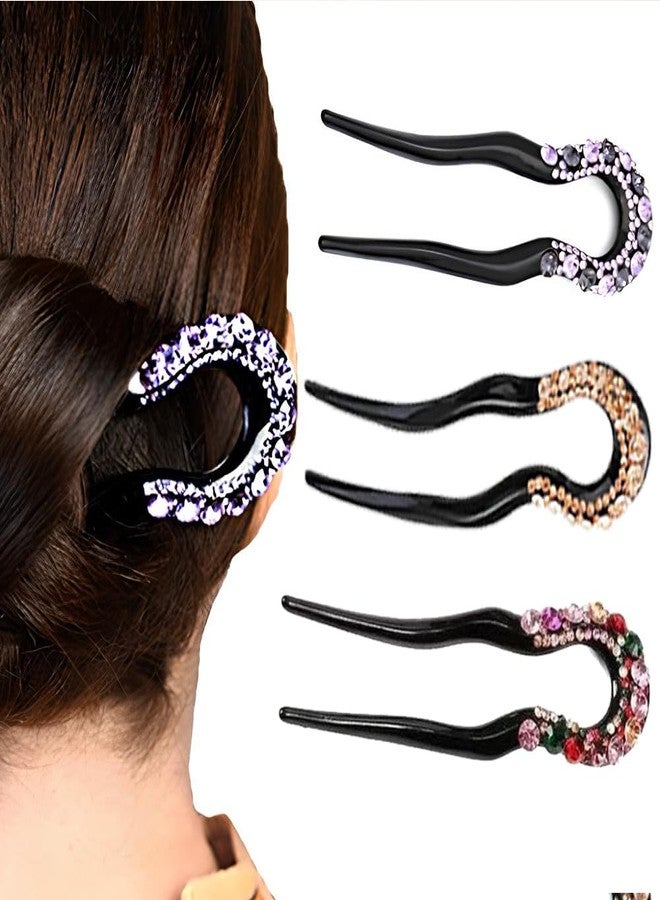 Melodio 3Pieces U-Shaped Hairpins French Style Wavy Hair Sticks Rhinestone Hair Forks Double Prong Hairstyle Chignon Non-slip Elegant Dovetail Hair Fork Clip Hair Accessories for Women Lady, 3 Styles - Image 4