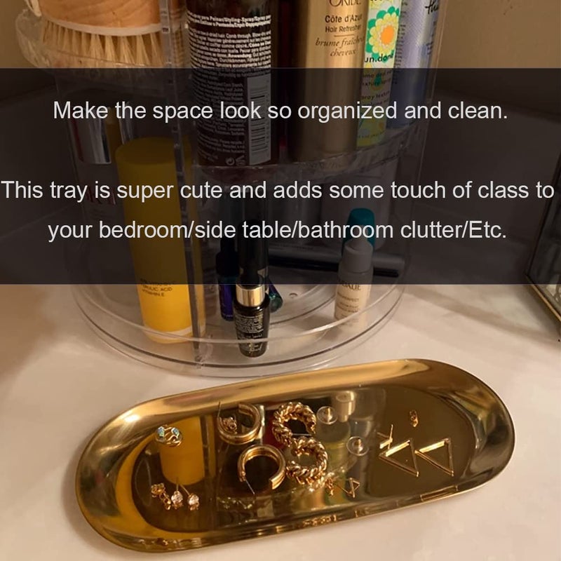 Fermus Stainless Steel Decorative Tray  Set of 2  7 Inch Long  Jewelry Dish Cosmetics Organizer Bathroom Clutter Serving Platter Small Storage Tray  Oval  Gold - Image 5