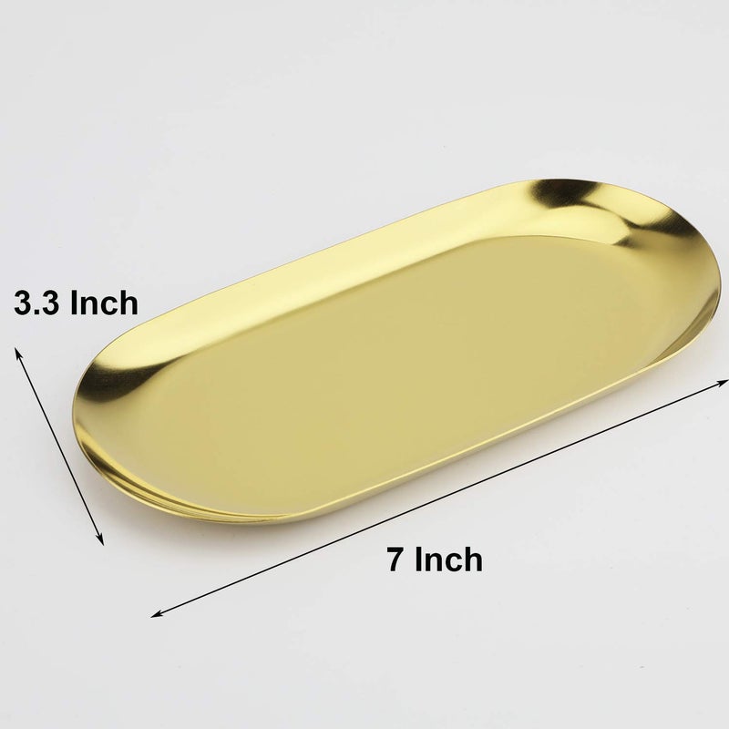 Fermus Stainless Steel Decorative Tray  Set of 2  7 Inch Long  Jewelry Dish Cosmetics Organizer Bathroom Clutter Serving Platter Small Storage Tray  Oval  Gold - Image 2