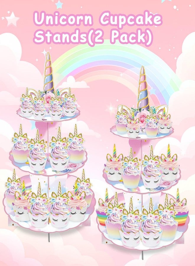 BACUTHY 2 Pack Unicorn Cupcake Stands Birthday Decorations: 3-Tier Unicorn and Rainbow Theme Party Supplies Cake Stand Toppers for Girls Kids - Suitable for 48pcs Cupcakes Pink Table Decorations - Image 2