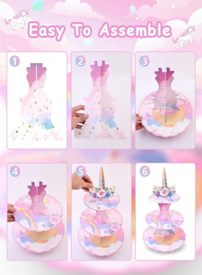 BACUTHY 2 Pack Unicorn Cupcake Stands Birthday Decorations: 3-Tier Unicorn and Rainbow Theme Party Supplies Cake Stand Toppers for Girls Kids - Suitable for 48pcs Cupcakes Pink Table Decorations - Image 5