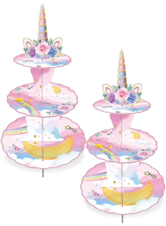 BACUTHY 2 Pack Unicorn Cupcake Stands Birthday Decorations: 3-Tier Unicorn and Rainbow Theme Party Supplies Cake Stand Toppers for Girls Kids - Suitable for 48pcs Cupcakes Pink Table Decorations - Image 1