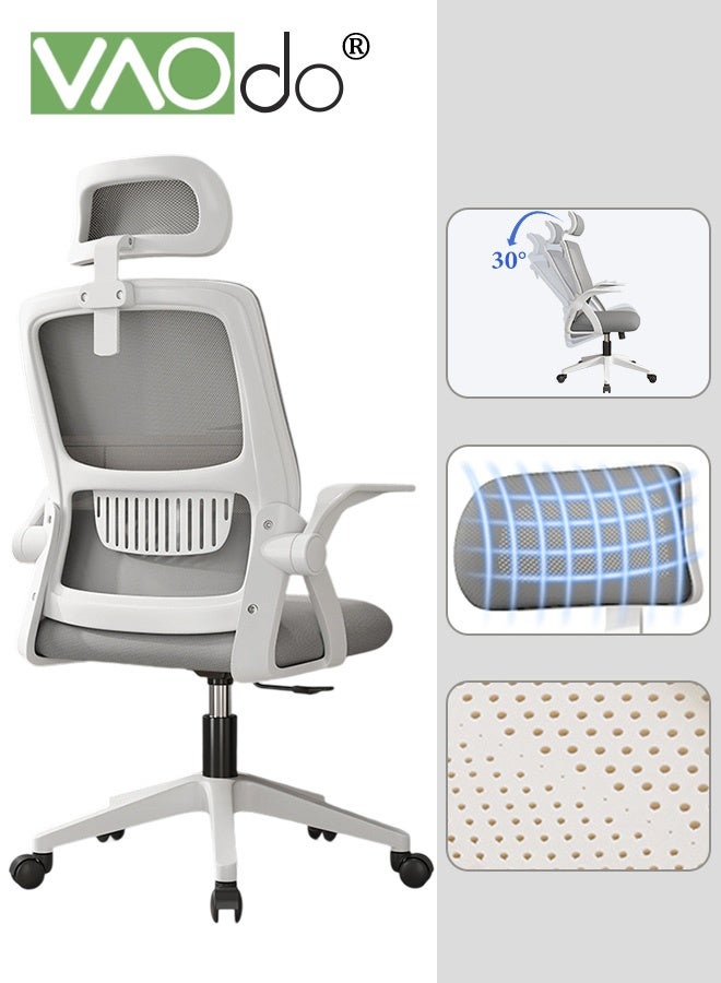 فاو دو كرسي مكتب مريح، كراسي مكتب شبكي منزلي بعجلات، كرسي مكتب شبكي منزلي بعجلات، كرسي ألعاب مريح، مسند رأس داعم بأذرع قابلة للقلب لأعلى، مسند قطني قابل للتعديل، كرسي دوار هزاز رمادي - Image 1