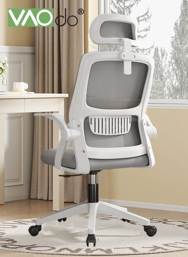 فاو دو كرسي مكتب مريح، كراسي مكتب شبكي منزلي بعجلات، كرسي مكتب شبكي منزلي بعجلات، كرسي ألعاب مريح، مسند رأس داعم بأذرع قابلة للقلب لأعلى، مسند قطني قابل للتعديل، كرسي دوار هزاز رمادي - Image 2