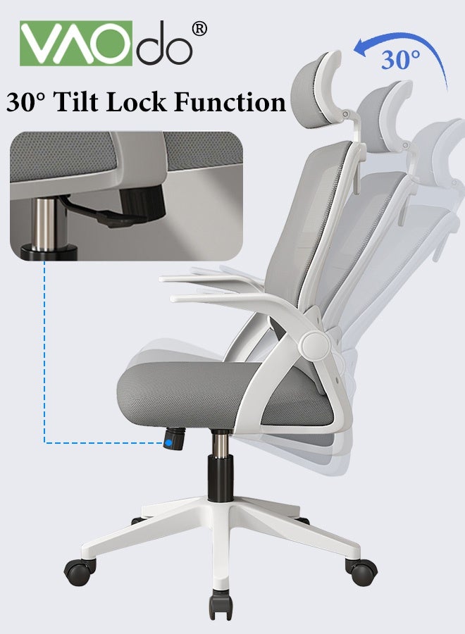 فاو دو كرسي مكتب مريح، كراسي مكتب شبكي منزلي بعجلات، كرسي مكتب شبكي منزلي بعجلات، كرسي ألعاب مريح، مسند رأس داعم بأذرع قابلة للقلب لأعلى، مسند قطني قابل للتعديل، كرسي دوار هزاز رمادي - Image 5