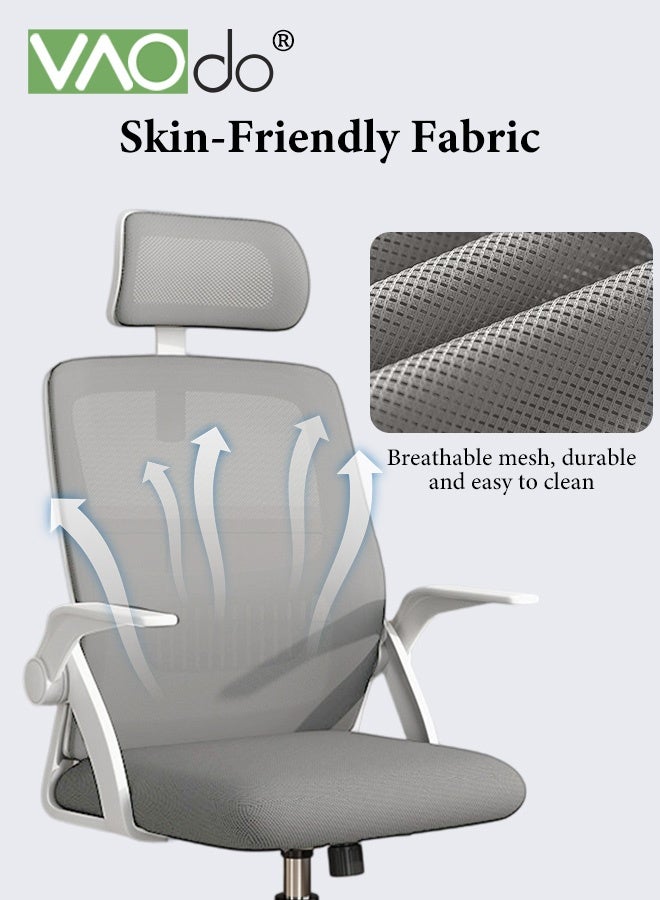 فاو دو كرسي مكتب مريح، كراسي مكتب شبكي منزلي بعجلات، كرسي مكتب شبكي منزلي بعجلات، كرسي ألعاب مريح، مسند رأس داعم بأذرع قابلة للقلب لأعلى، مسند قطني قابل للتعديل، كرسي دوار هزاز رمادي - Image 4