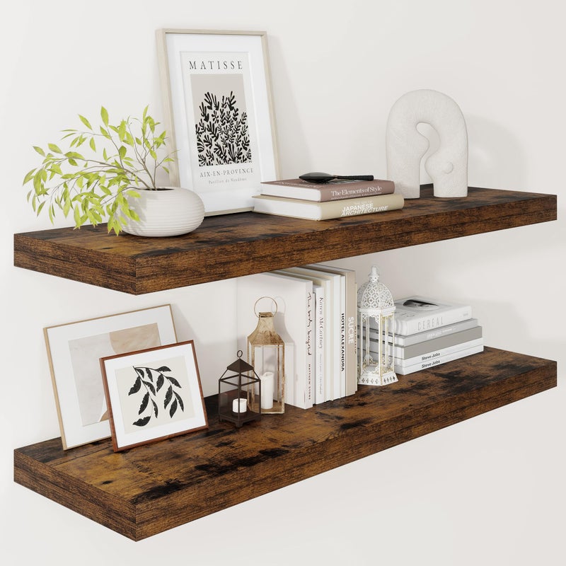 Vivelove 12" Deep Floating Shelves for Wall 36" Long, Wall Shelves for Bedroom Living Room Bathroom Kitchen Laundry Room, Farmhouse Rustic Shelves for Home Decor, 36" X 12" X 2" Set Of 2, Rustic Brown - Image 1