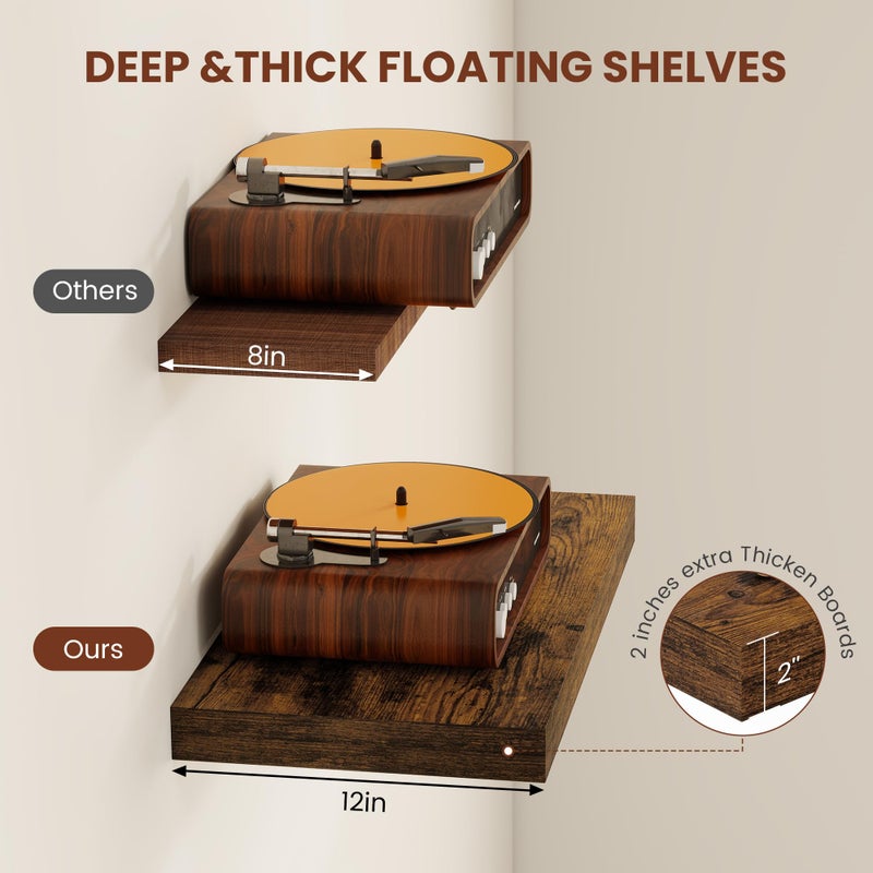 Vivelove 12" Deep Floating Shelves for Wall 36" Long, Wall Shelves for Bedroom Living Room Bathroom Kitchen Laundry Room, Farmhouse Rustic Shelves for Home Decor, 36" X 12" X 2" Set Of 2, Rustic Brown - Image 3