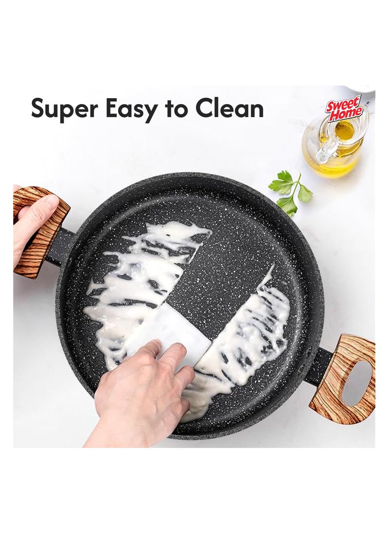 Sweet Home Sweet Home Marble Casserole (26cm) Non Stick Pan with Lid, PFOA-Free Granite Coating Cookware Sauce Pot for Cooking Compatible with All Stovetops PFOA Free (Black)  - Image 4