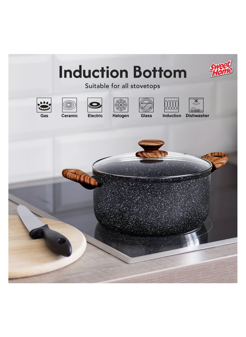 Sweet Home Sweet Home Marble Casserole (26cm) Non Stick Pan with Lid, PFOA-Free Granite Coating Cookware Sauce Pot for Cooking Compatible with All Stovetops PFOA Free (Black)  - Image 1