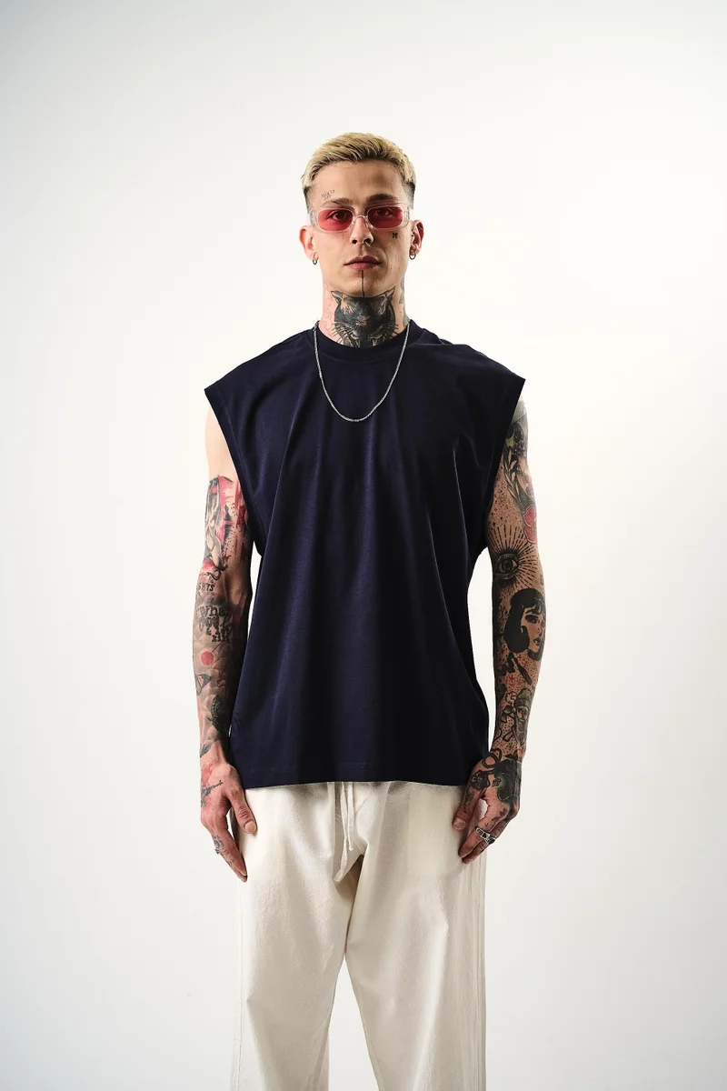 RESPIRE Men's Basic Sleeveless Oversize T-Shirt, Indigo