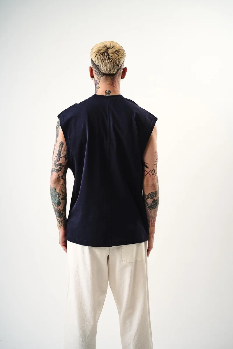 ريسباير تي شيرت رجالي أساسي بدون أكمام (صفر كم) مقاس كبير (Oversize)، نيلي