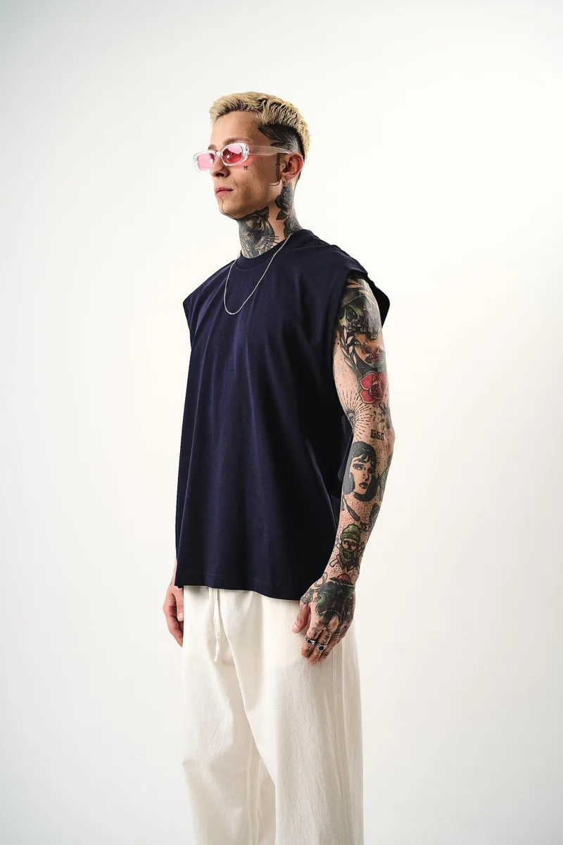 ريسباير تي شيرت رجالي أساسي بدون أكمام (صفر كم) مقاس كبير (Oversize)، نيلي