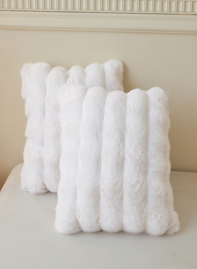 LIFEREVO 2 Pack Fluffy Faux Rabbit Fur Throw Pillow Covers, Luxury Plush Shaggy 18x18 Bubble Waffle Cushion Covers Zipper Closure, Decorative Furry Fuzzy Pillow Shams for Bedroom Living Room, White - Image 1
