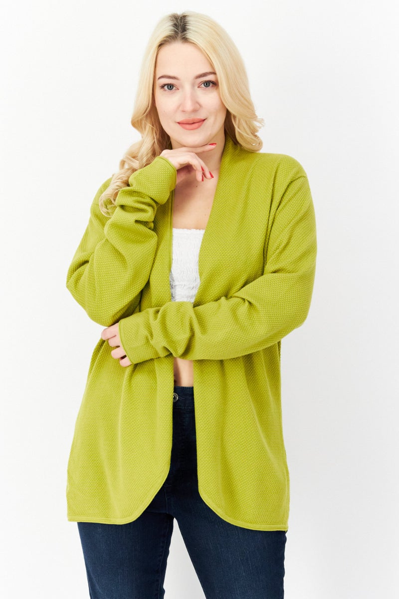 Zero كارديجان نسائي بأكمام طويلة ورقبة مفصولة بفتحة أمامية منقوشة، زيتوني - Image 1