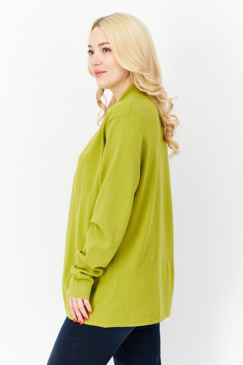 Zero Women Split Neck Long Sleeve Textured Open Front Cardigan, Olive - Image 4