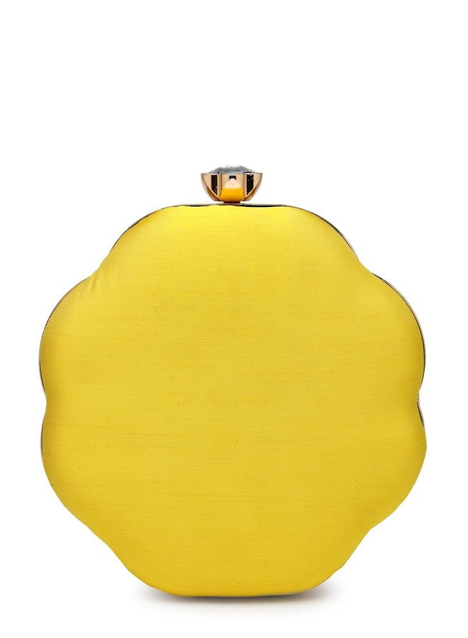 Anekaant Adorn Lemon Yellow, Pearl & Pink Floral Embellished Faux Silk Clutch - Image 5