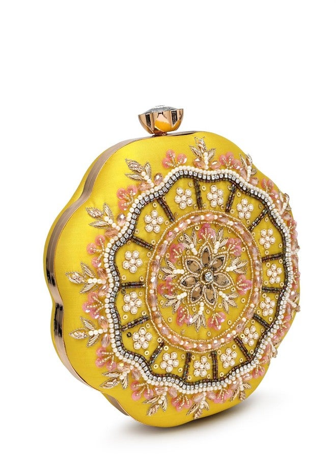Anekaant Adorn Lemon Yellow, Pearl & Pink Floral Embellished Faux Silk Clutch - Image 4