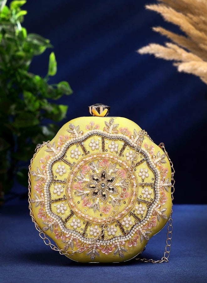 Anekaant Adorn Lemon Yellow, Pearl & Pink Floral Embellished Faux Silk Clutch - Image 2