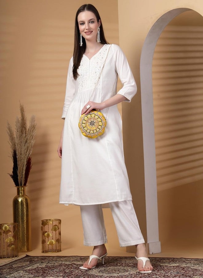 Anekaant Adorn Lemon Yellow, Pearl & Pink Floral Embellished Faux Silk Clutch - Image 3
