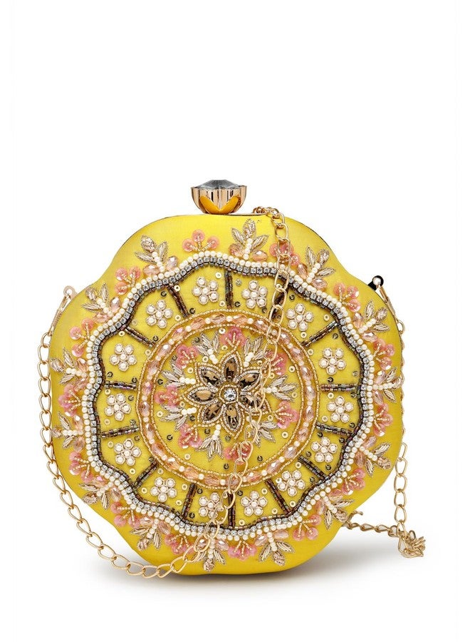 Anekaant Adorn Lemon Yellow, Pearl & Pink Floral Embellished Faux Silk Clutch - Image 1