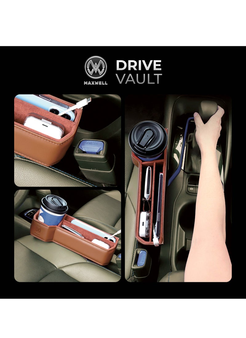 ماكسويل للالكترونيات صندوق تخزين فجوة مقعد السيارة Maxwell Drive Vault مع حامل أكواب وتخزين إضافي لأجهزتك مثل الهواتف المحمولة، والأجهزة اللوحية، والنظارات، والمحفظة، والنقود، والعملات المعدنية، والدفتـر، والأقلام، ومنظم المفاتيح (قهوة)  - Image 2