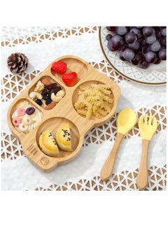 Excefore Toddler Bamboo Plate With Suction, Toddler Plate Set With Spoon Fork, Car Shaped Design Divided Plate, BPA FREE, Yellow  - Image 4