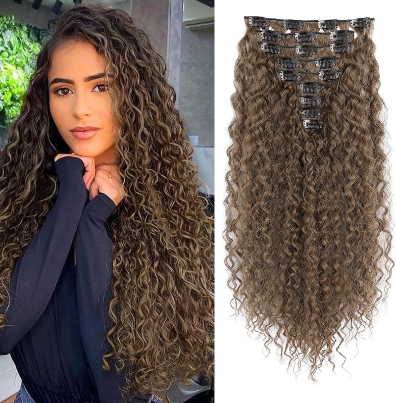 Flufymooz 9PCS Clip in Hair Extensions 22 Inch Curly Hair Extension Long Soft Synthetic Hairpieces for Women (Dark Ash Brown) - Image 1